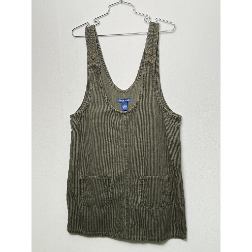 Blue Spice Corduroy Overall Dress Khaki Green Mini‎ Bib Pocket A-Line Size L